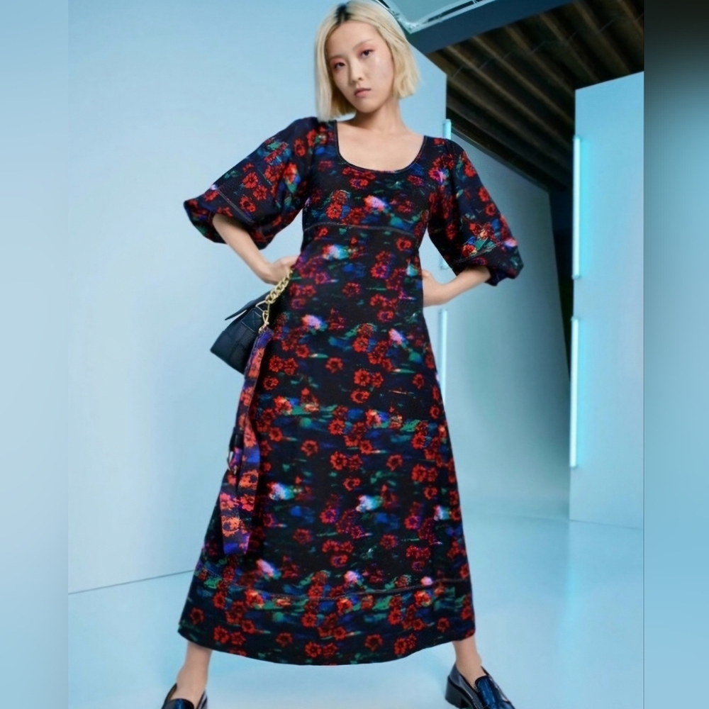 Rachel Comey Floral Elbow Sleeve Maxi Dress - Black and Red Size 12